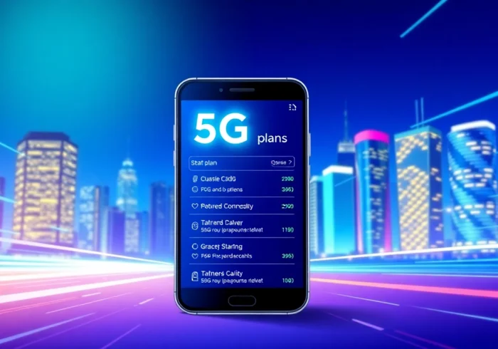 展示一部智能手機的插圖，顯示各種5G計劃選項，背景是充滿現代建築的城市天際線。