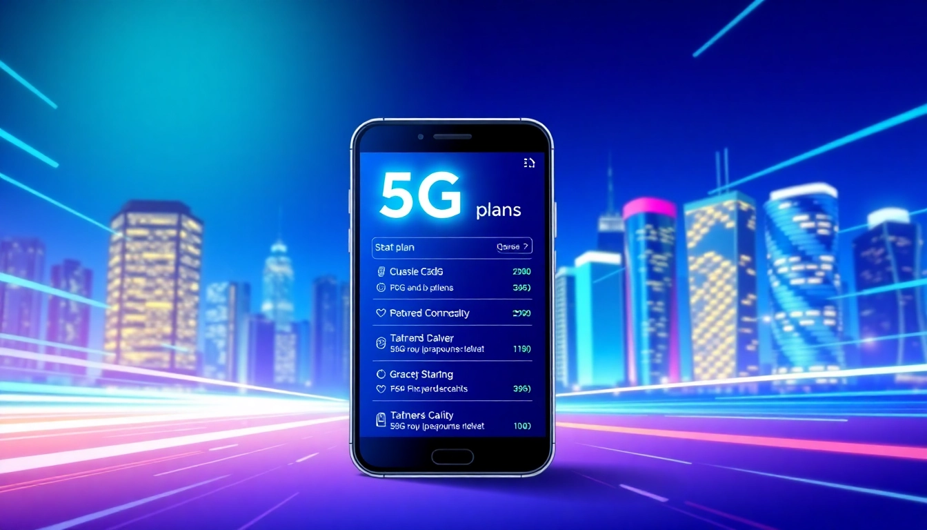 展示一部智能手機的插圖，顯示各種5G計劃選項，背景是充滿現代建築的城市天際線。