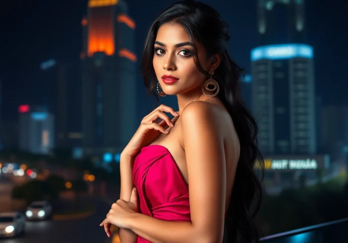 Glamorous Bangalore call girls confidently posing against Bangalore skyline, emphasizing allure and elegance for discerning clients.