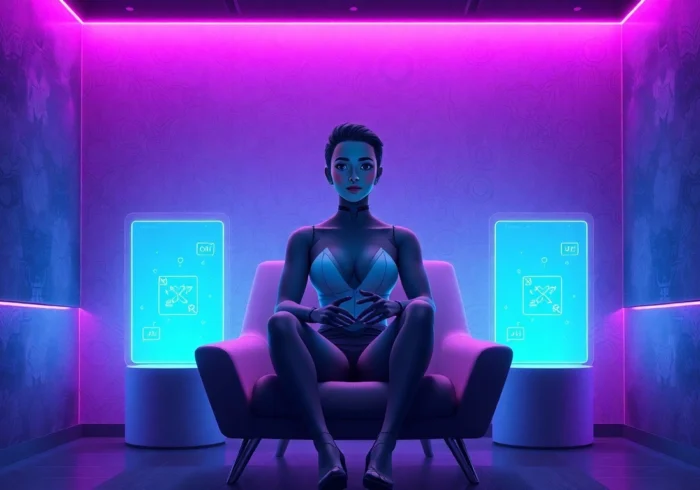 Futuristic AI chat scene with a digital avatar engaging on a holographic interface in a high-tech room.