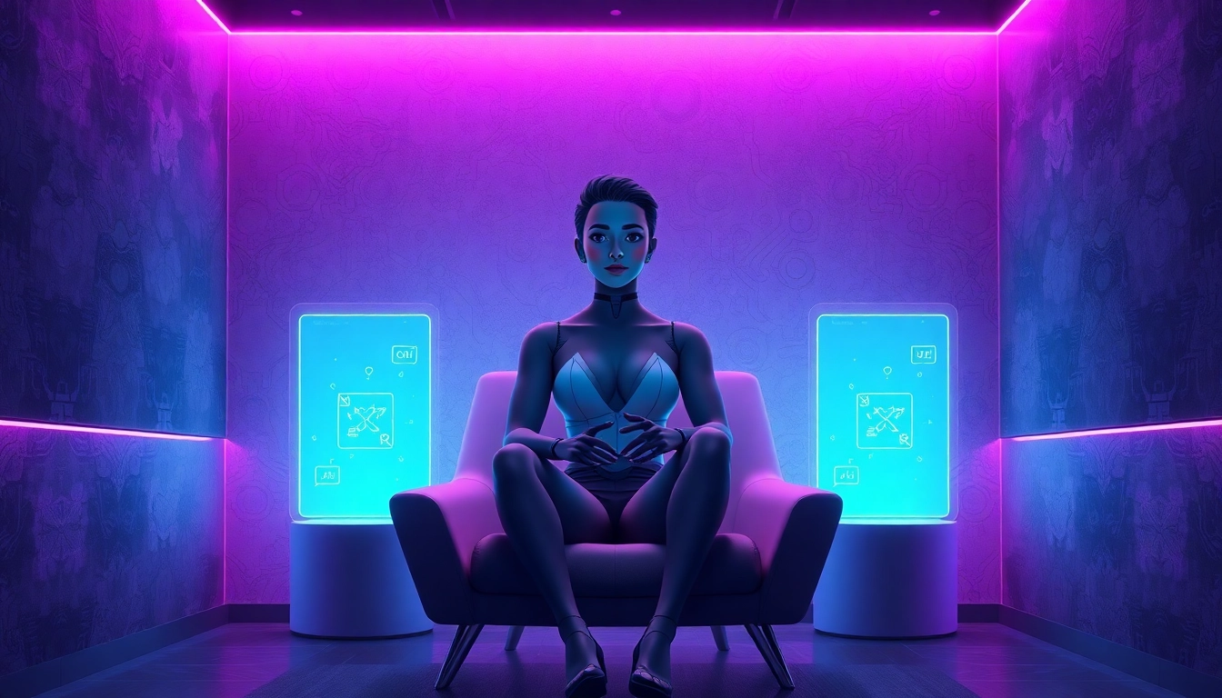 Futuristic AI chat scene with a digital avatar engaging on a holographic interface in a high-tech room.