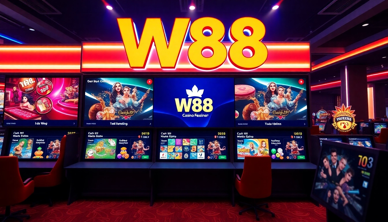 Entrancing visual of the w88 com platform highlighting active betting screens and engaging casino games in a vibrant online setting.
