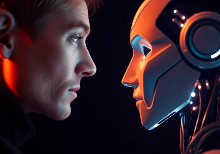 Engaging scene of a human and AI robot in a side-by-side comparison, emphasizing the human or not challenge in AI interactions, with clear focus on recognition cues for screen readers.