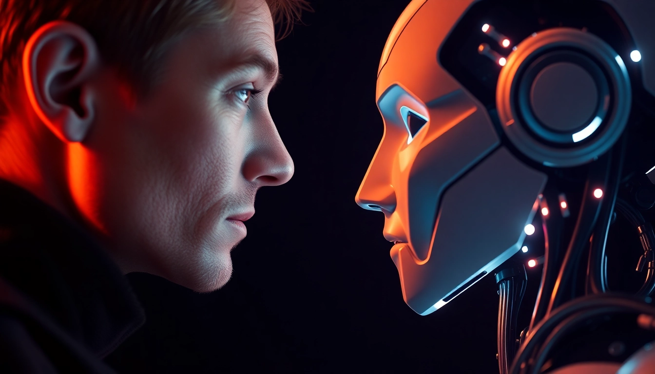 Engaging scene of a human and AI robot in a side-by-side comparison, emphasizing the human or not challenge in AI interactions, with clear focus on recognition cues for screen readers.
