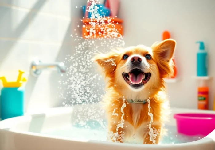 Dog wash near me: A joyful pup enjoying a self-service wash experience in a vibrant station with grooming supplies.