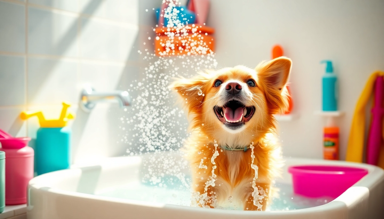 Dog wash near me: A joyful pup enjoying a self-service wash experience in a vibrant station with grooming supplies.