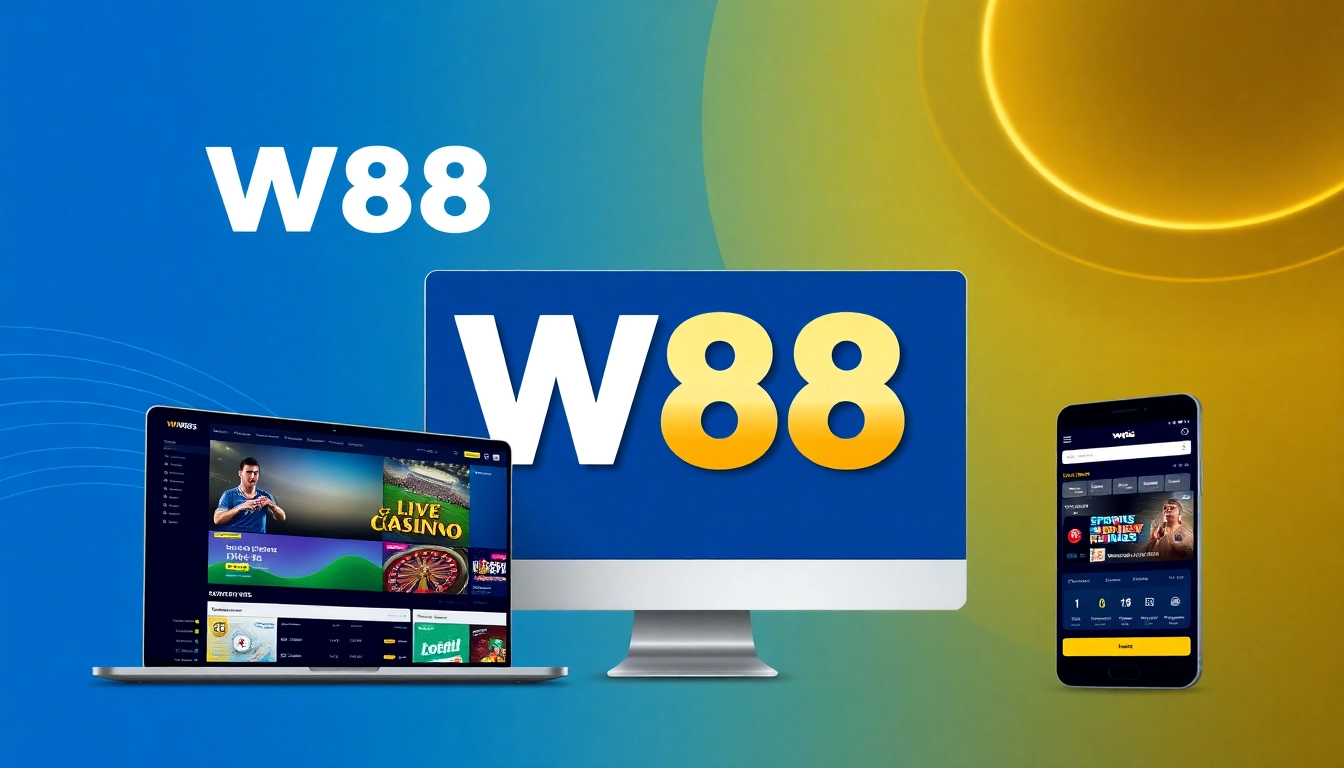 W88 com platform illustration showcasing live casino, sports betting, and mobile access, highlighting a trusted online betting experience in Asia.