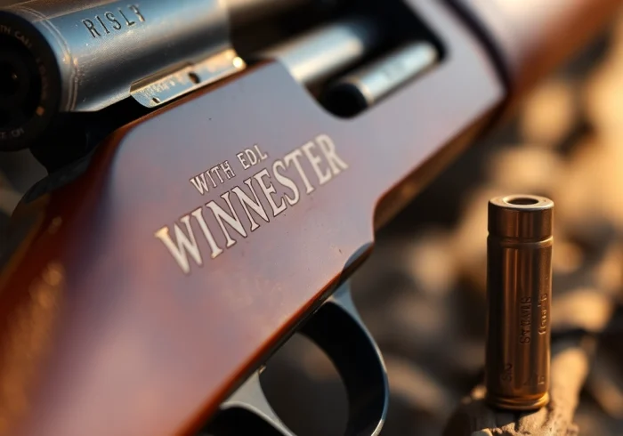 A detailed shot of a 32WIN Winchester rifle and cartridge, showcasing firearm craftsmanship and ammunition quality for enthusiasts.