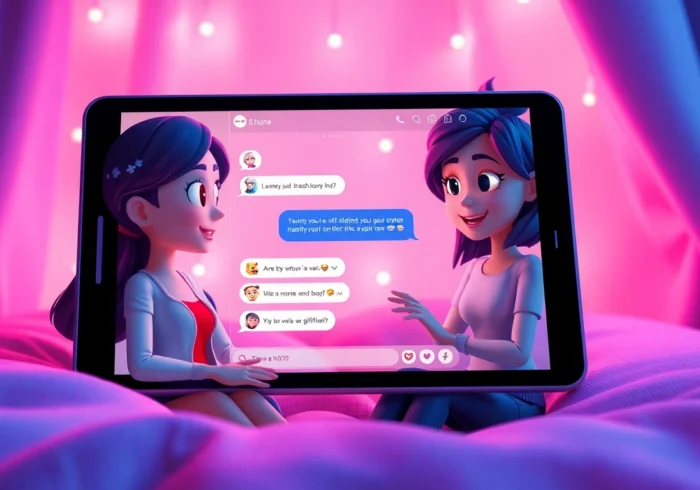 A cozy digital chat scene with an animated AI girlfriend and engaging conversation.