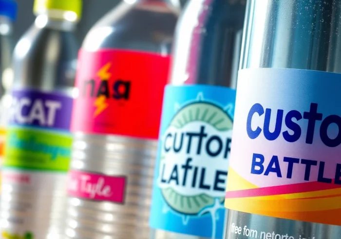 Showcase of eye-catching custom water bottle labels wrapping around bottles with vivid colors and waterproof finish for events and branding.