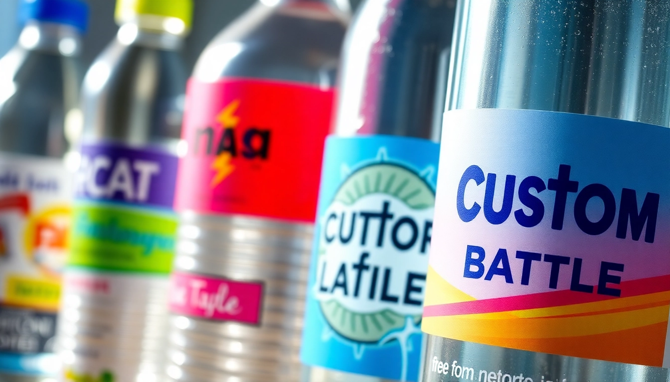 Showcase of eye-catching custom water bottle labels wrapping around bottles with vivid colors and waterproof finish for events and branding.