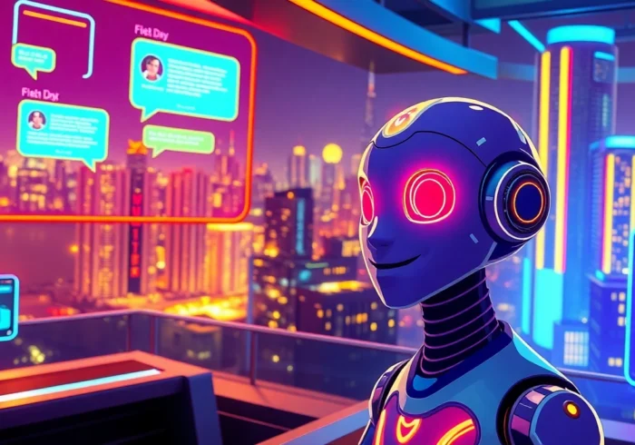 Futuristic AI chat interface with neon lights and holographic displays in a cyberpunk cityscape.