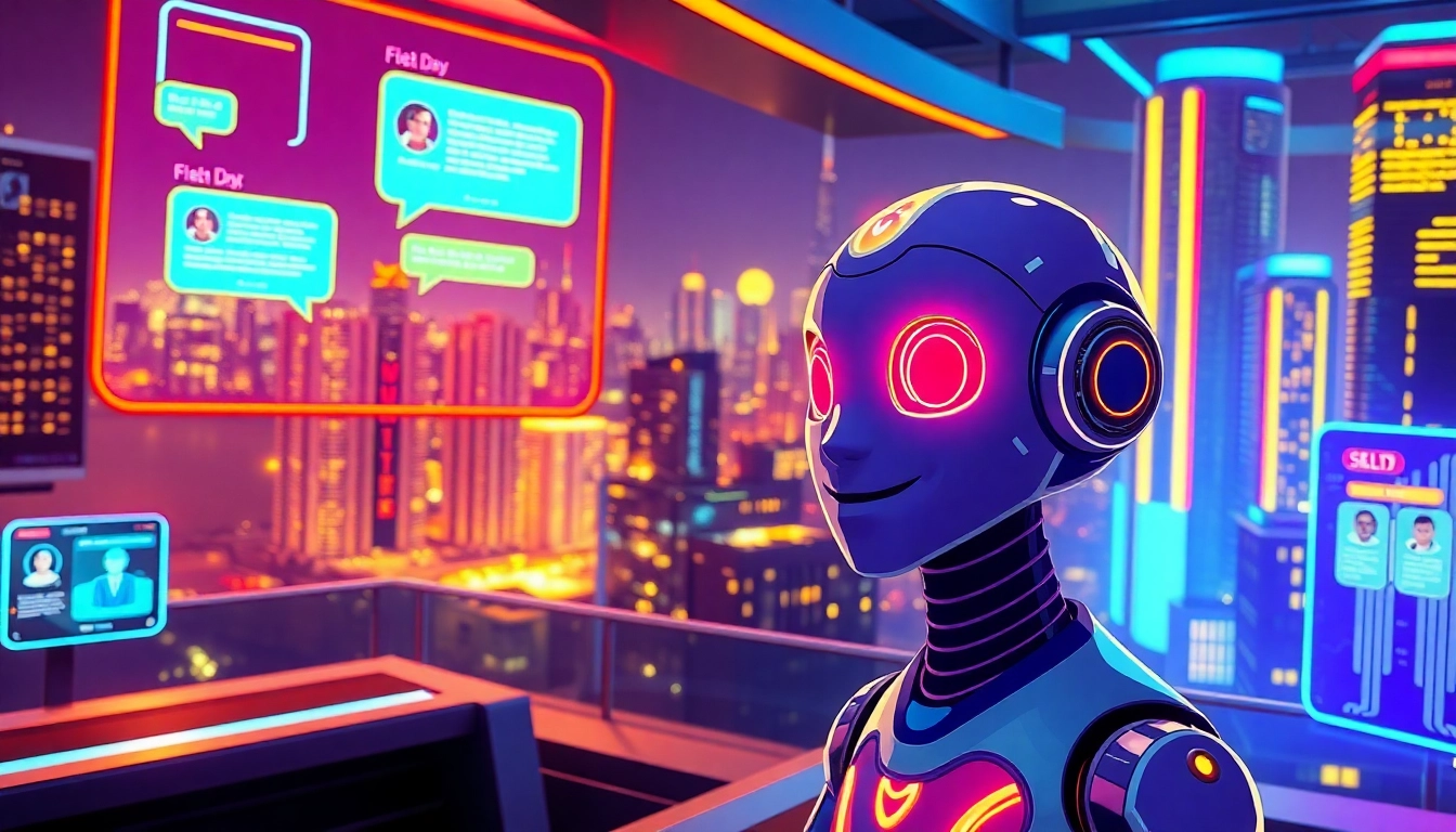 Futuristic AI chat interface with neon lights and holographic displays in a cyberpunk cityscape.