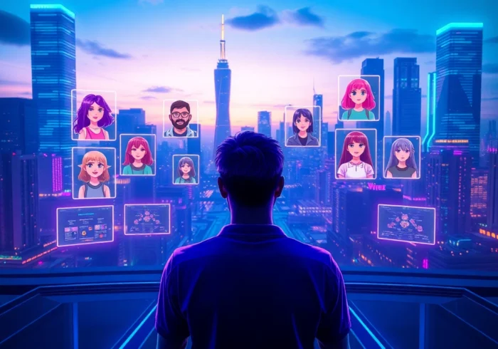 A person interacting with holographic AI characters in a futuristic cityscape at dusk.