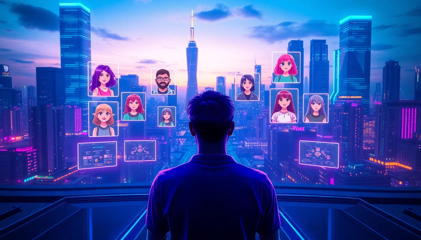 A person interacting with holographic AI characters in a futuristic cityscape at dusk.