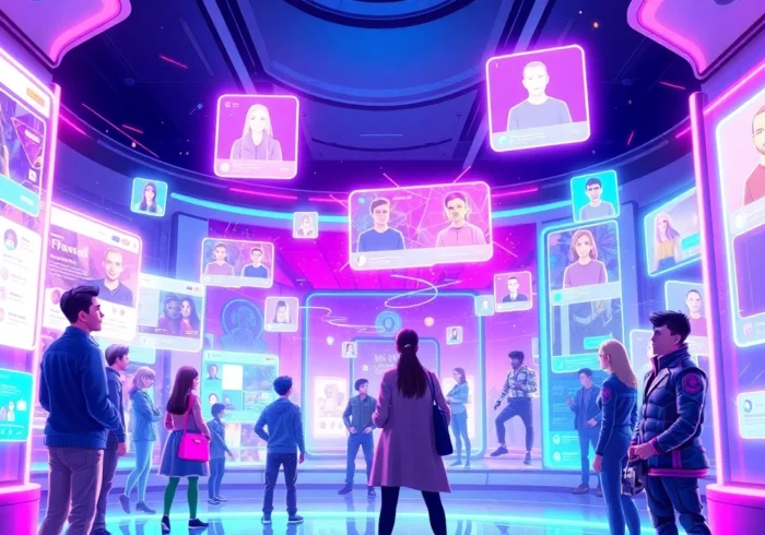 Futuristic digital social media environment with avatars and AI characters engaging in vibrant interactions.