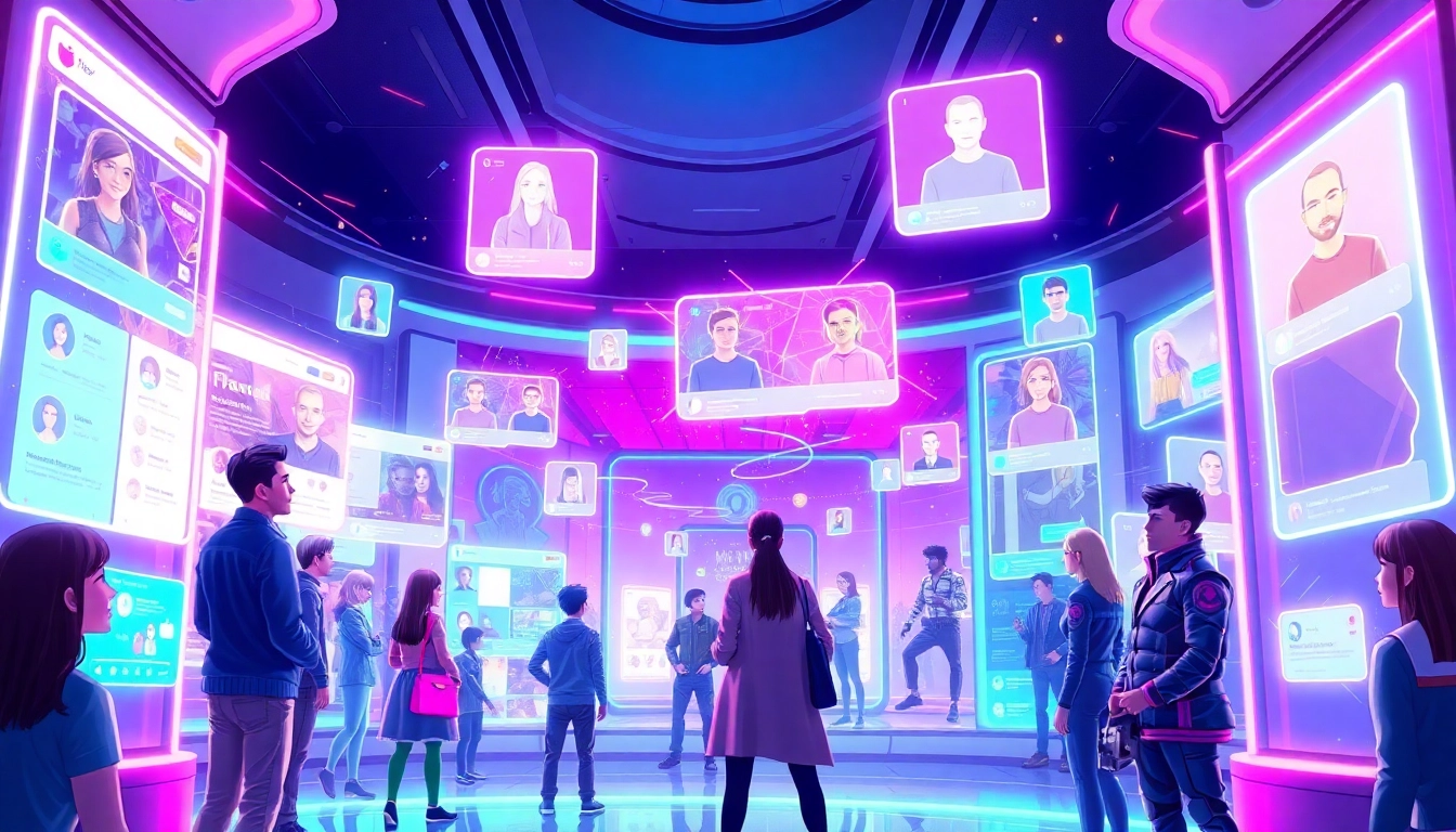 Futuristic digital social media environment with avatars and AI characters engaging in vibrant interactions.