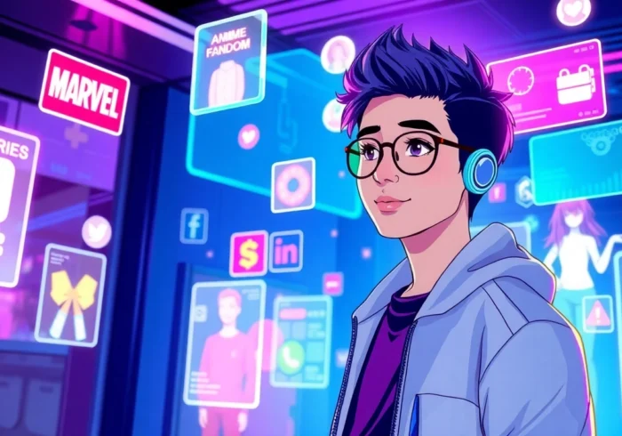 Futuristic scene of a young avatar interacting with holographic social media elements and fandom icons in a vibrant, digital environment.