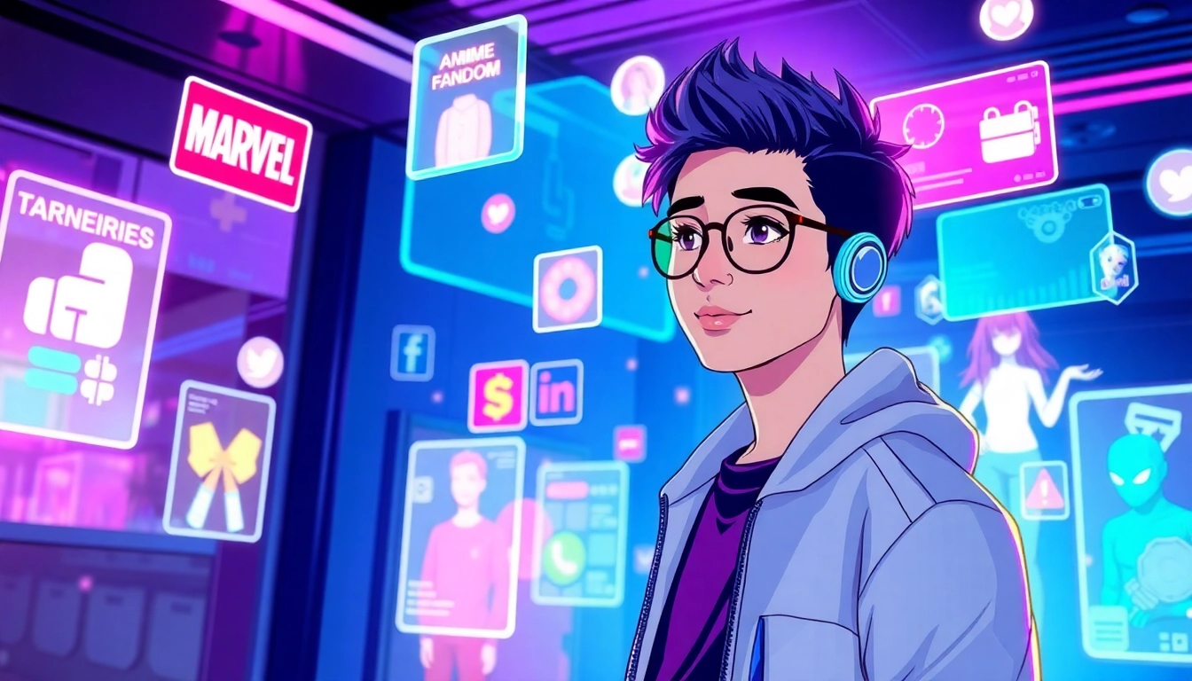 Futuristic scene of a young avatar interacting with holographic social media elements and fandom icons in a vibrant, digital environment.