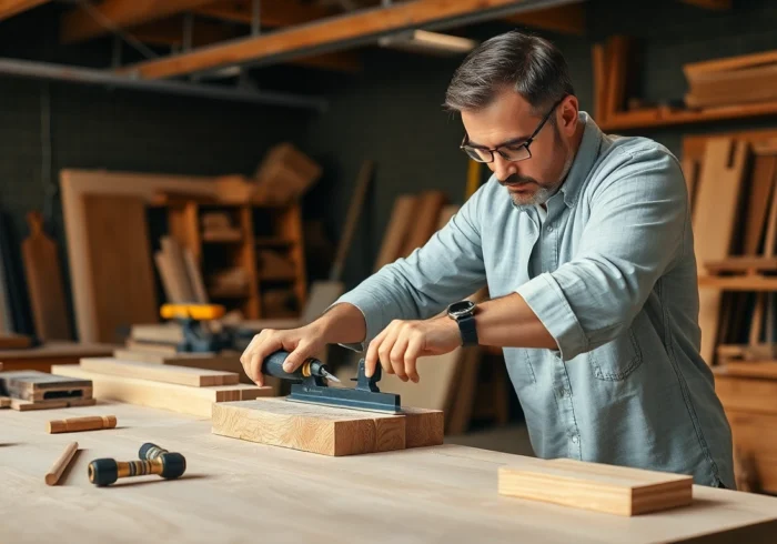Carpenter expertly measuring and cutting wood in a sunny workshop, demonstrating craftsmanship and precision for high-quality construction projects.
