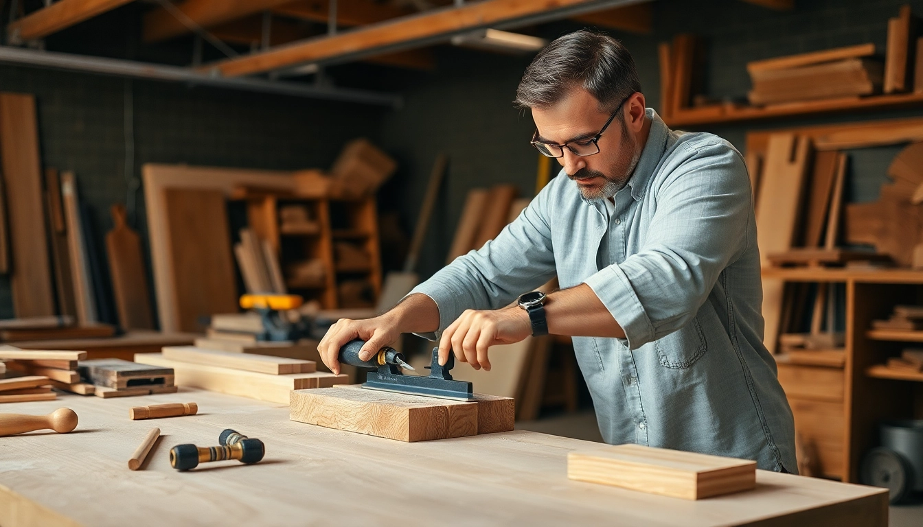Carpenter expertly measuring and cutting wood in a sunny workshop, demonstrating craftsmanship and precision for high-quality construction projects.