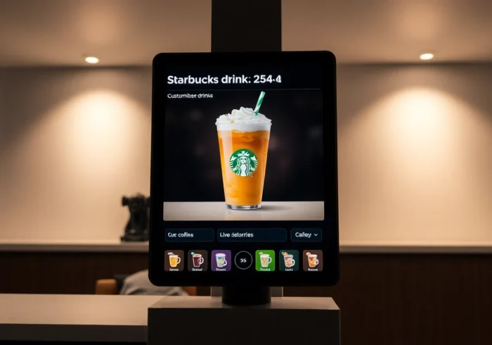 Interactive Starbucks calorie counter showing real-time calorie updates for customized drinks, emphasizing user control and precision.