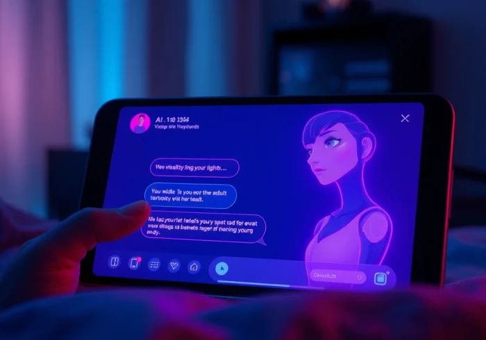 An AI chat interface on a device screen with a suggestive animated character in a dimly lit room.