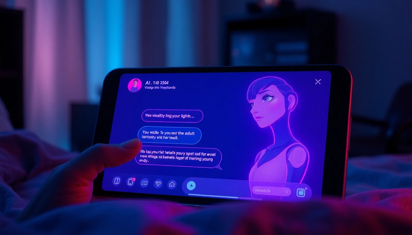 An AI chat interface on a device screen with a suggestive animated character in a dimly lit room.