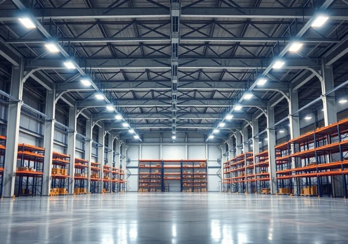 Moderne LED-Hallenbeleuchtung in einer großen Industriehalle