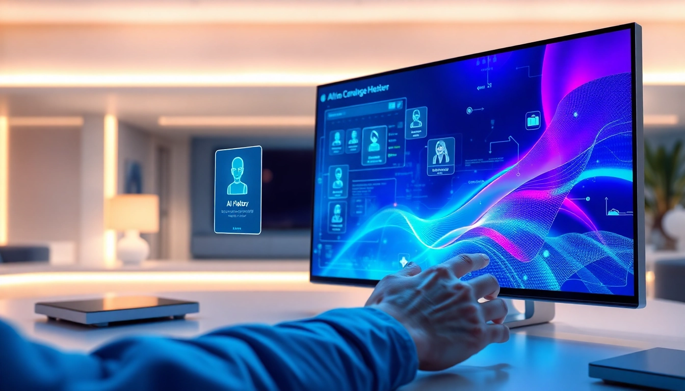 Futuristic AI interface with holographic visuals and user interaction in a modern tech environment.