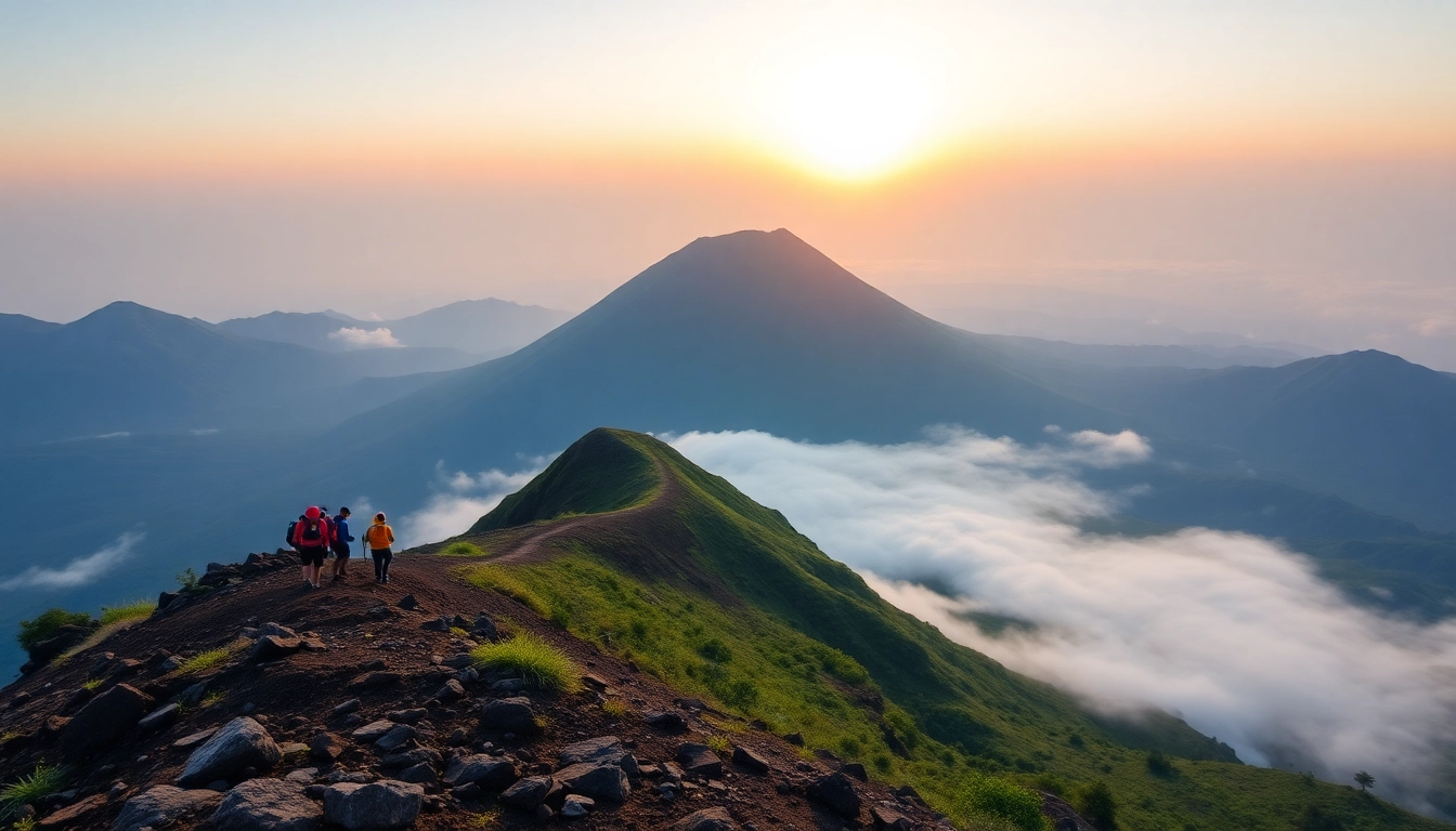 Hikers ascending Mount Rinjani at sunrise with scenic mountain backdrop and lush greenery