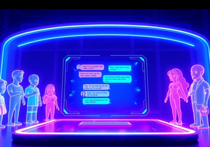 An AI chat interface with colorful character avatars and holographic text bubbles in a high-tech digital environment.