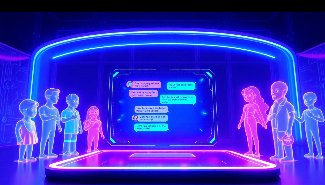 An AI chat interface with colorful character avatars and holographic text bubbles in a high-tech digital environment.