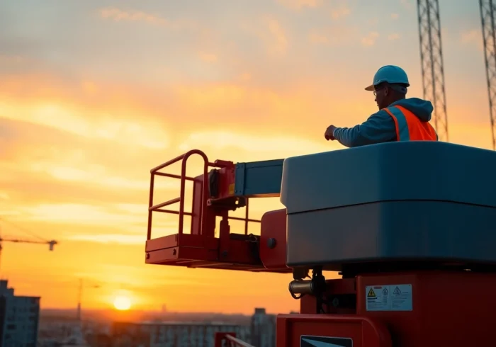Efficient boom lift rental for construction projects, operator using a safety-equipped machine outdoors.