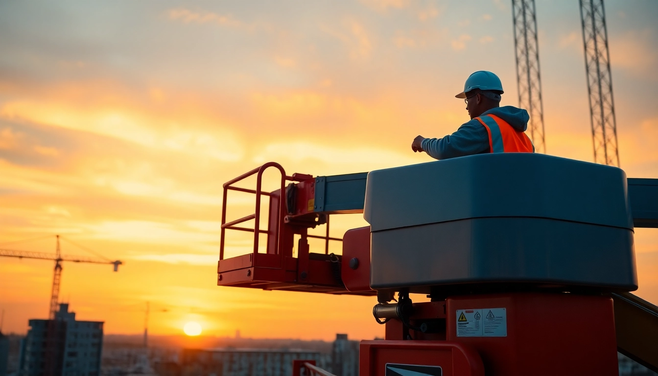 Efficient boom lift rental for construction projects, operator using a safety-equipped machine outdoors.