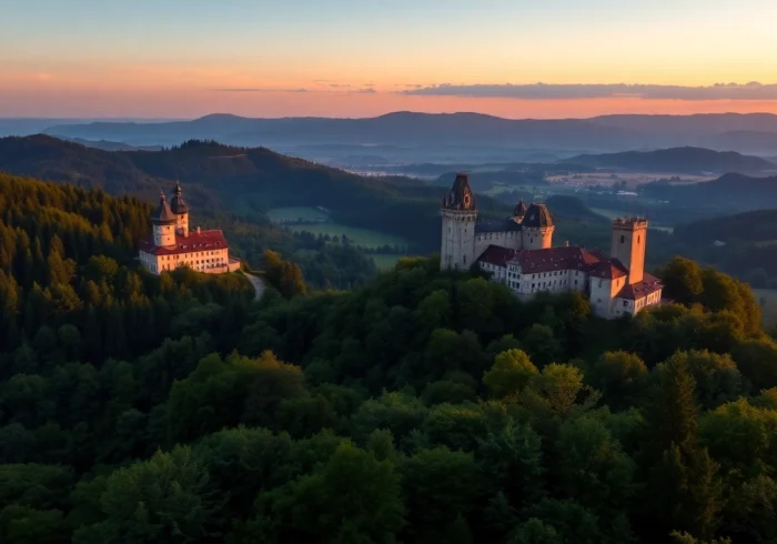 Wanderer hiking through Thüringen's scenic forest with historic castles in the background, showcasing natural beauty and cultural heritage.