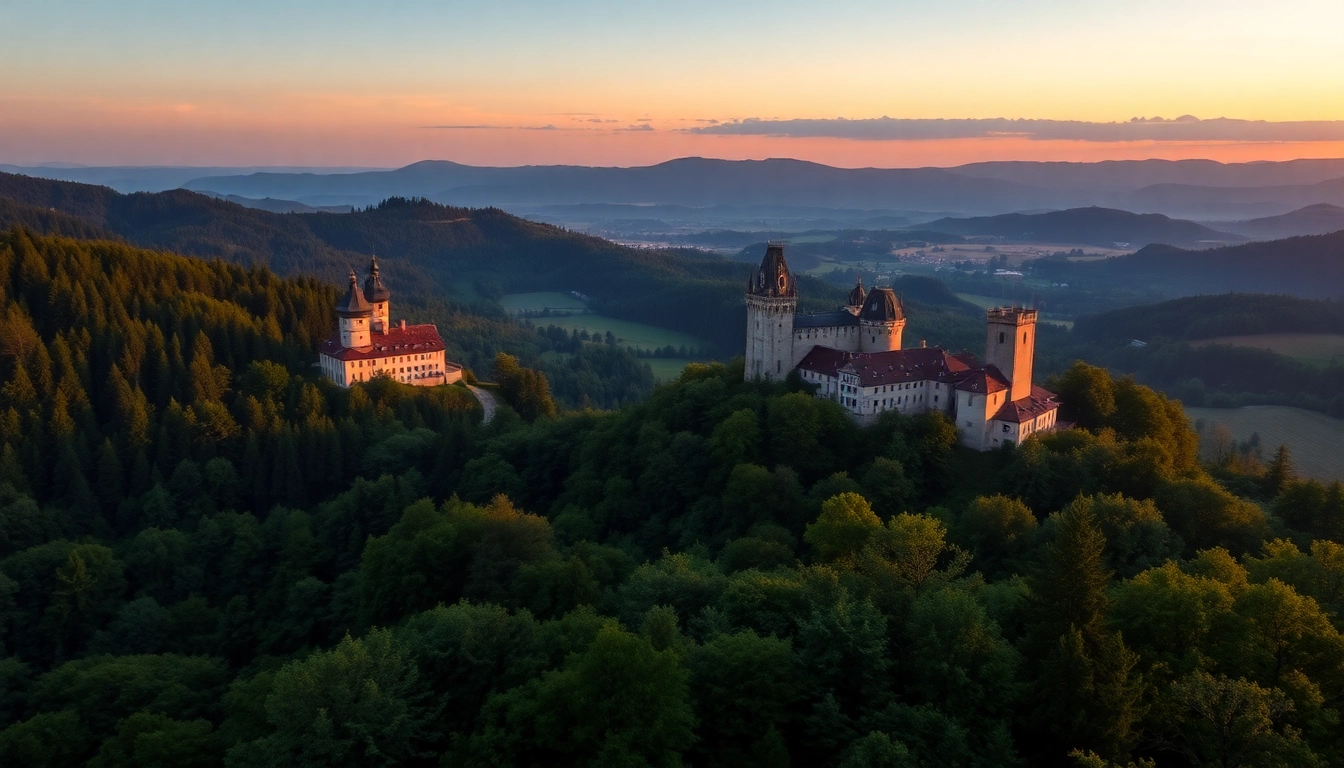 Wanderer hiking through Thüringen's scenic forest with historic castles in the background, showcasing natural beauty and cultural heritage.
