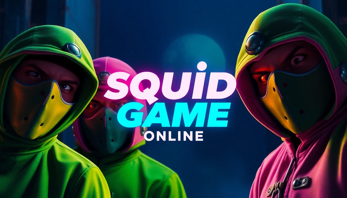 Squid Game online promotional poster featuring masked guards and vibrant costumes capturing the show's intense atmosphere for viewers.