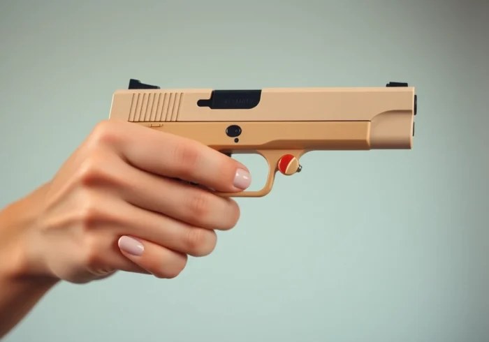 The top-rated compact handguns for women showcased with a stylish woman holding a lightweight, easily concealable firearm in a balanced, well-lit setting.