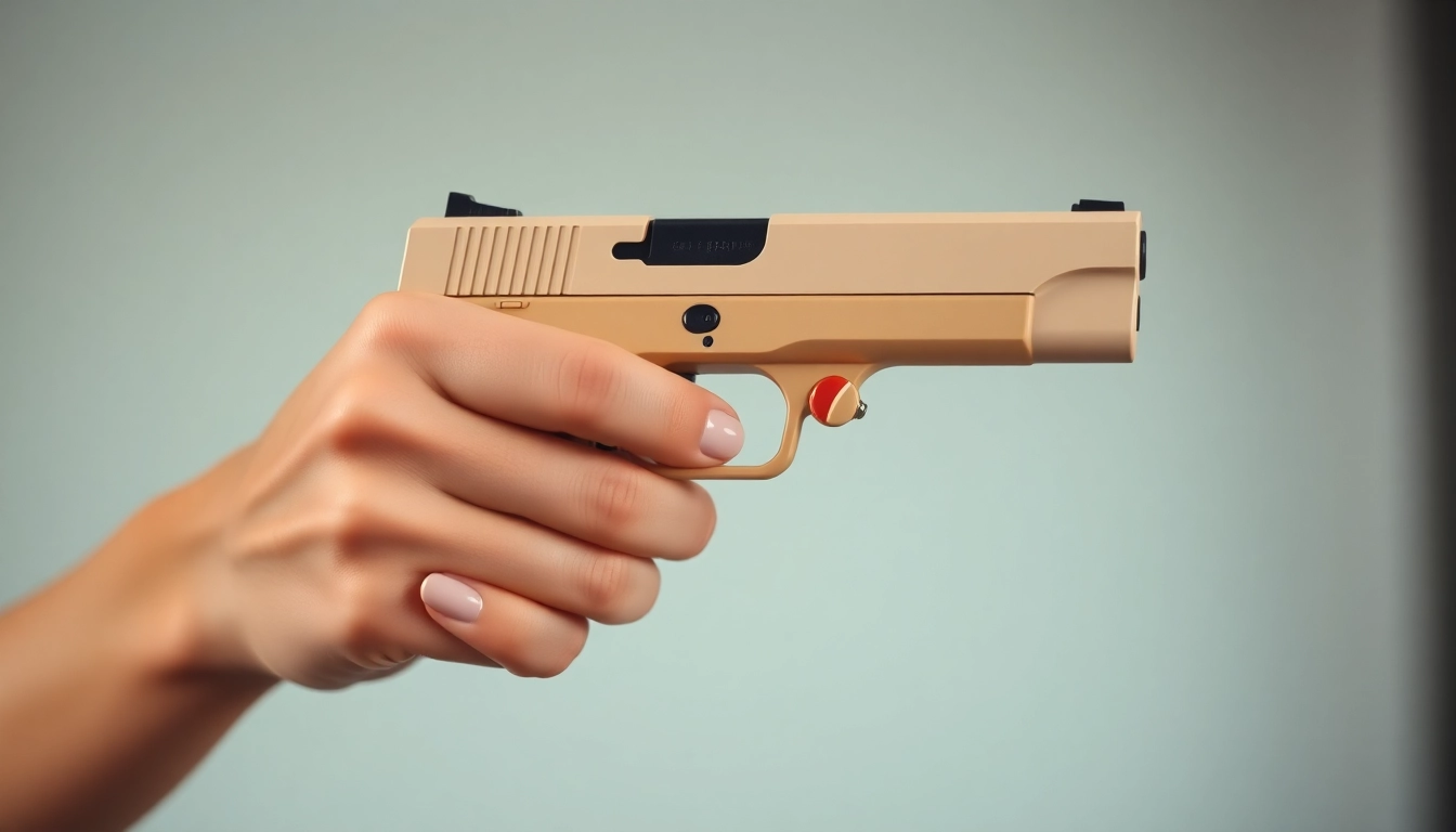 The top-rated compact handguns for women showcased with a stylish woman holding a lightweight, easily concealable firearm in a balanced, well-lit setting.