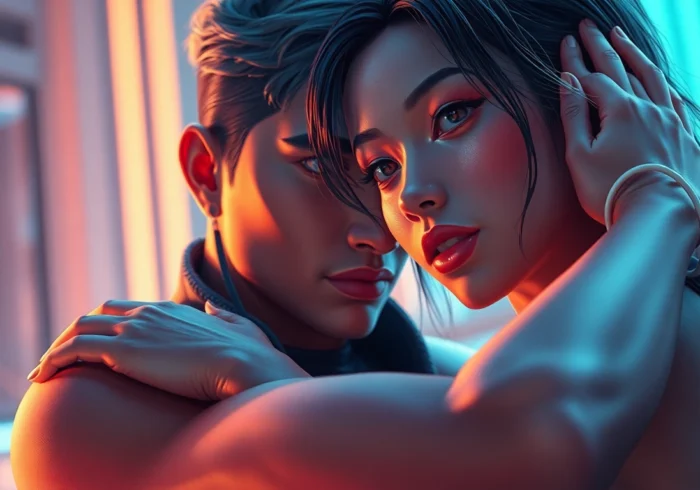 A digital illustration of an AI character in an intimate, expressive pose with vibrant colors and detailed textures.