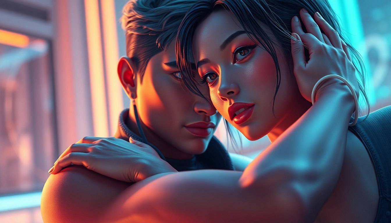 A digital illustration of an AI character in an intimate, expressive pose with vibrant colors and detailed textures.