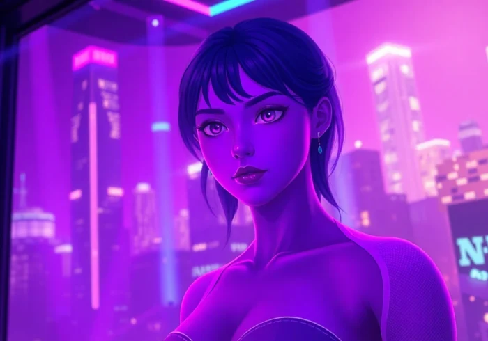 Futuristic holographic female character in a neon-lit virtual environment with cyberpunk aesthetics.