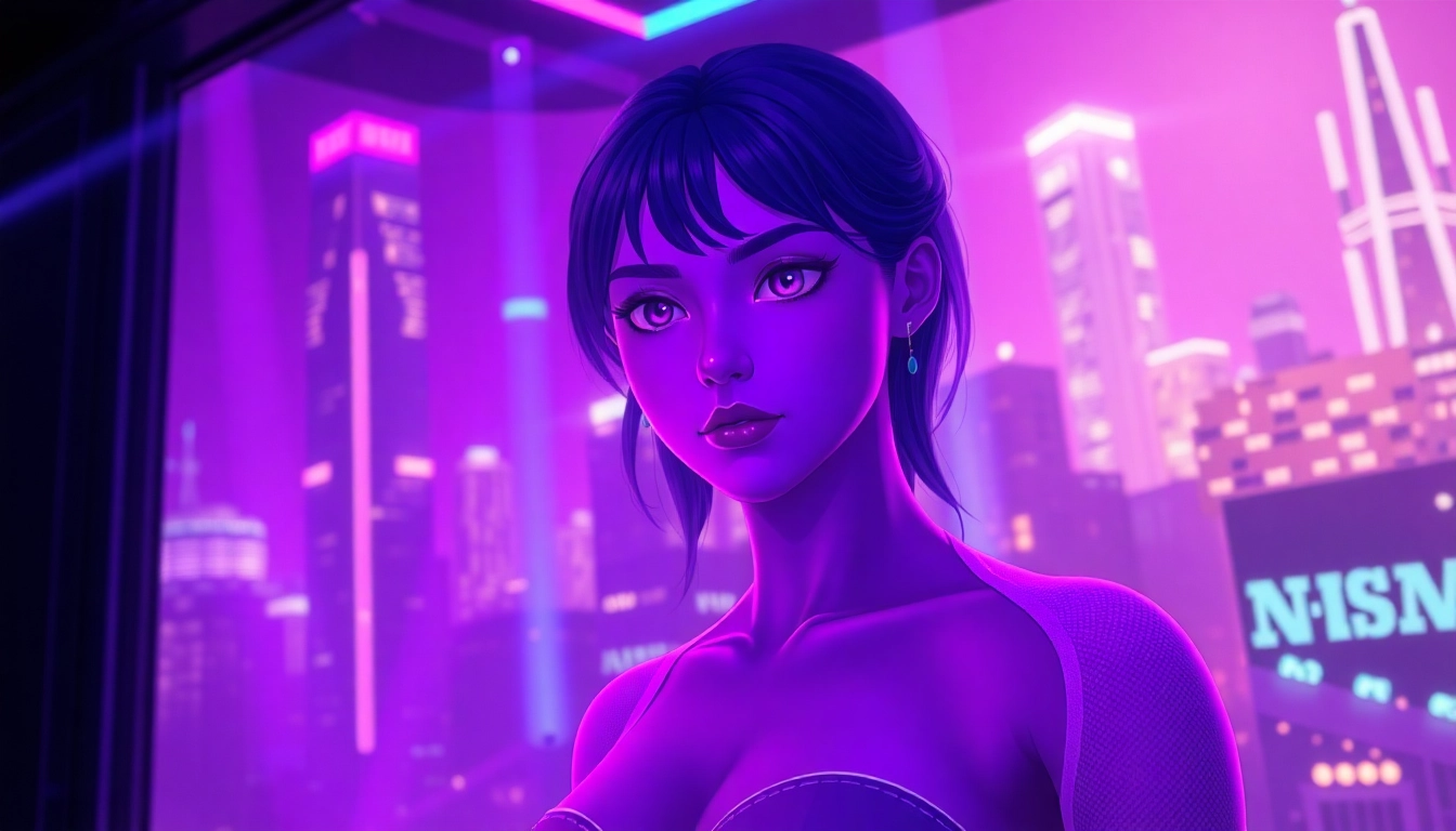 Futuristic holographic female character in a neon-lit virtual environment with cyberpunk aesthetics.