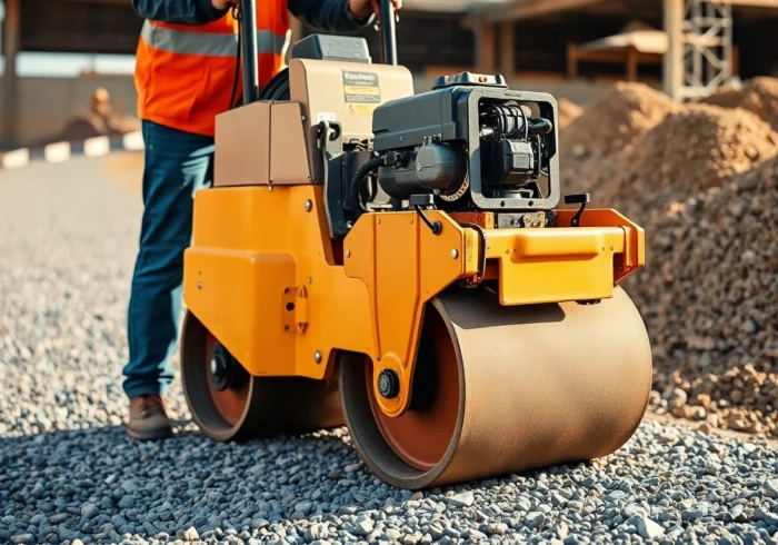 Efficient compactors rental for building projects, showcasing a worker using a durable plate compactor on soil for stable groundwork, ideal for landscaping and construction needs.