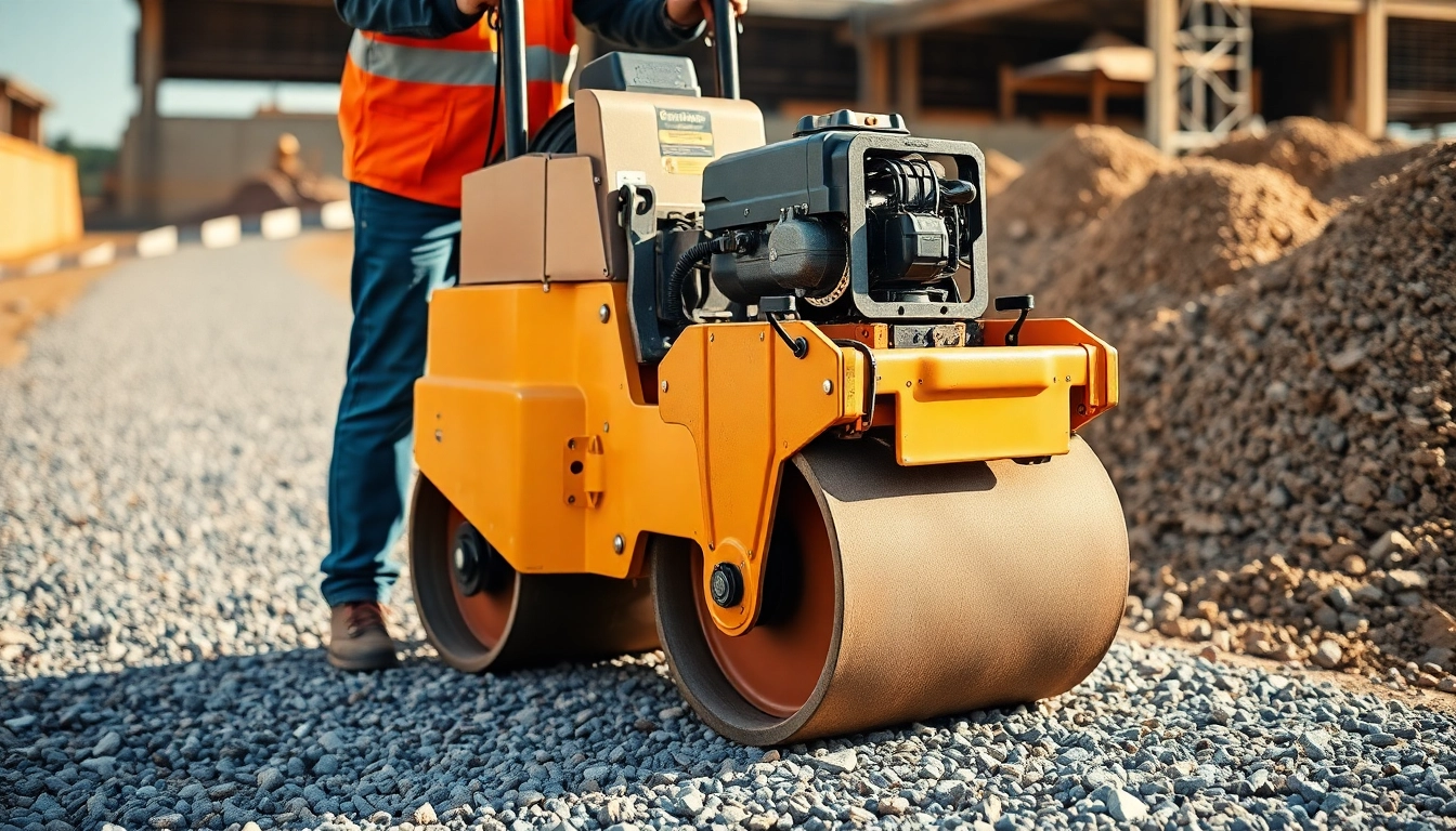 Efficient compactors rental for building projects, showcasing a worker using a durable plate compactor on soil for stable groundwork, ideal for landscaping and construction needs.
