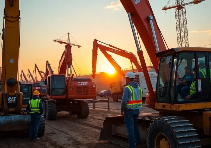 Construction equipment rental trucks and machinery in action on a construction site, emphasizing reliable construction equipment rental services in the UK.