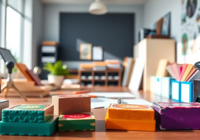 Create customized pieczątki firmowe with vibrant colors and modern designs showcased in a bright workspace.
