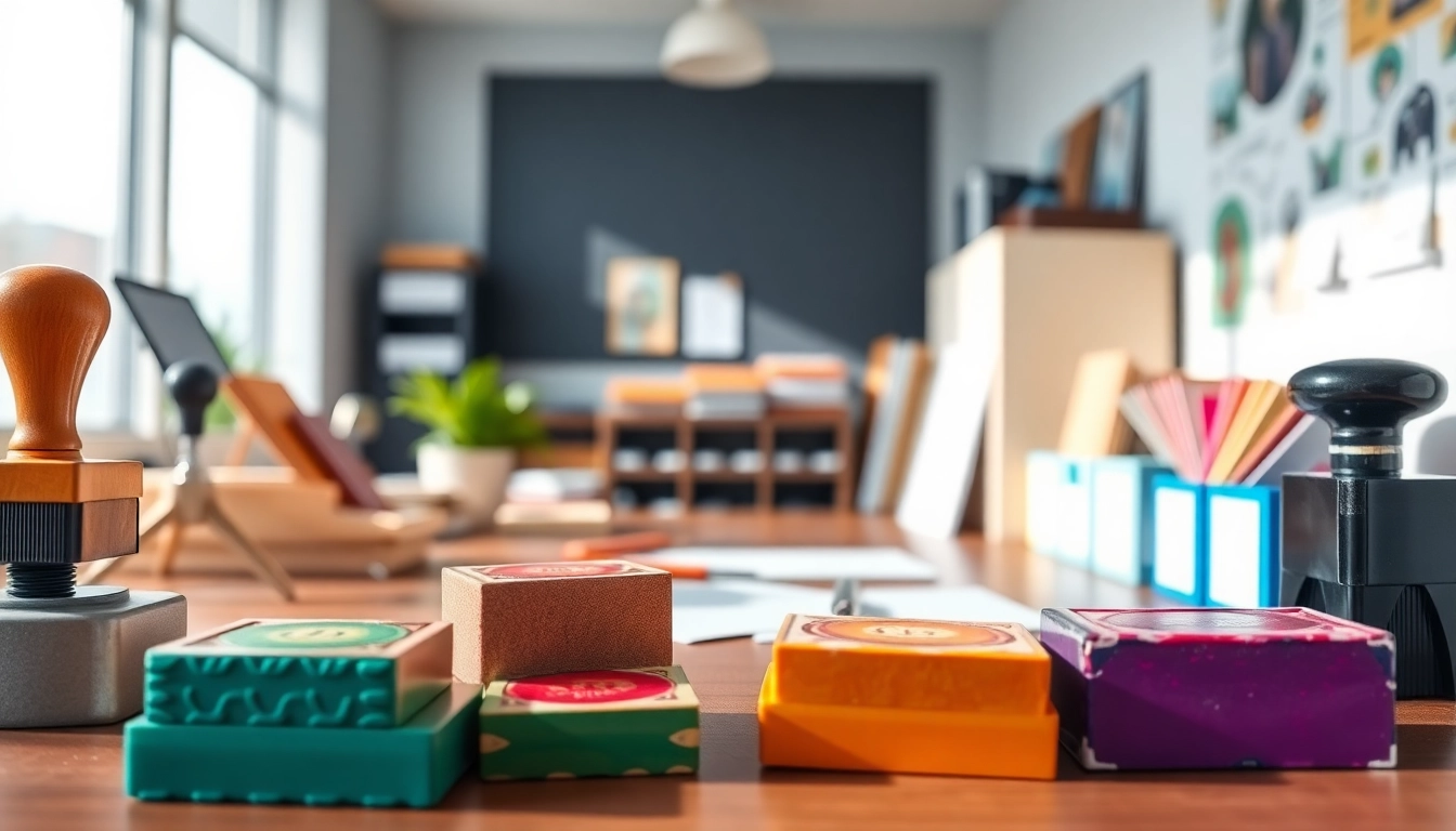 Create customized pieczątki firmowe with vibrant colors and modern designs showcased in a bright workspace.