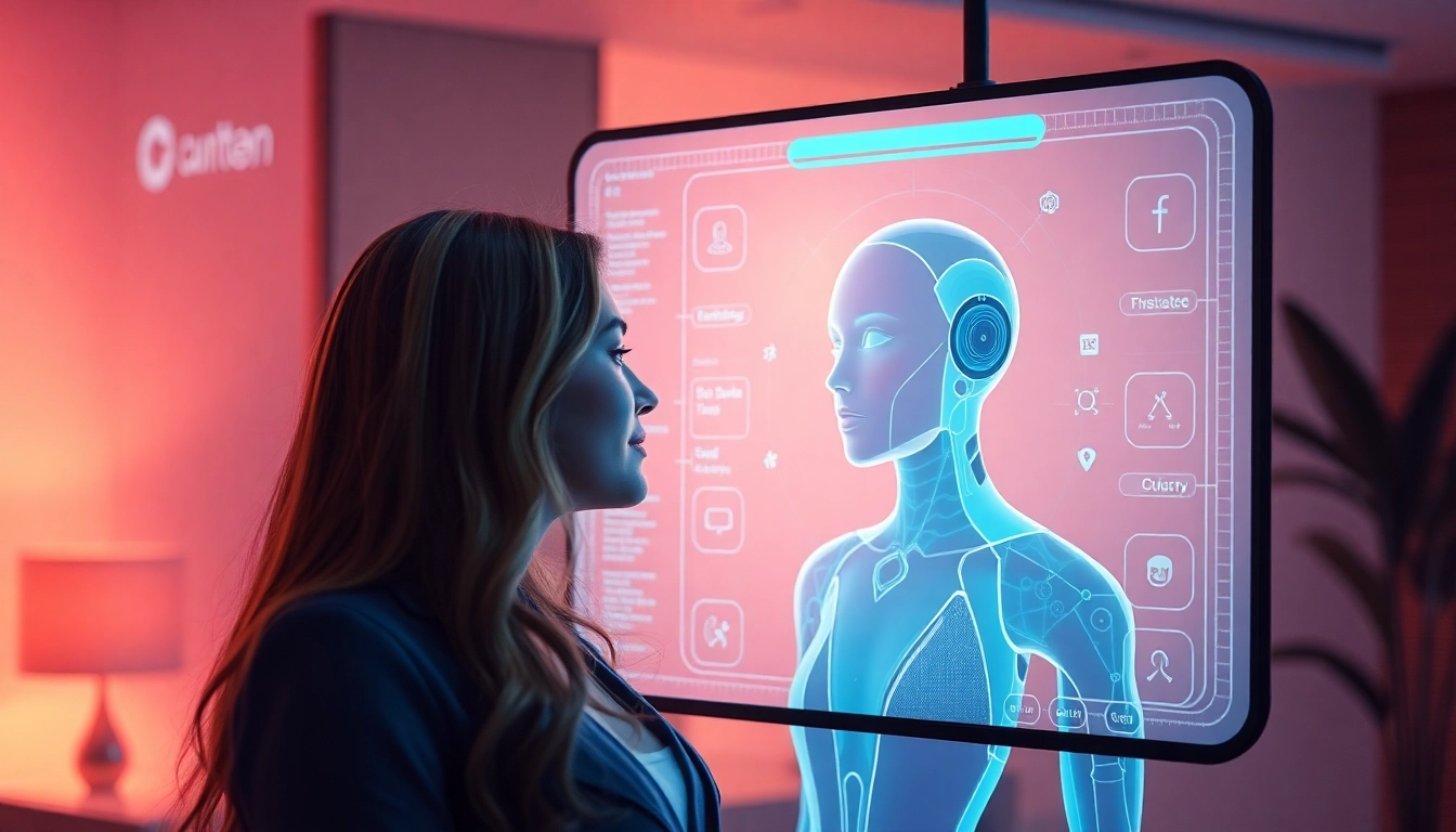Engaging AI girlfriend interacting with user via a sleek digital interface, showcasing personalized virtual companionship and emotional connectivity.